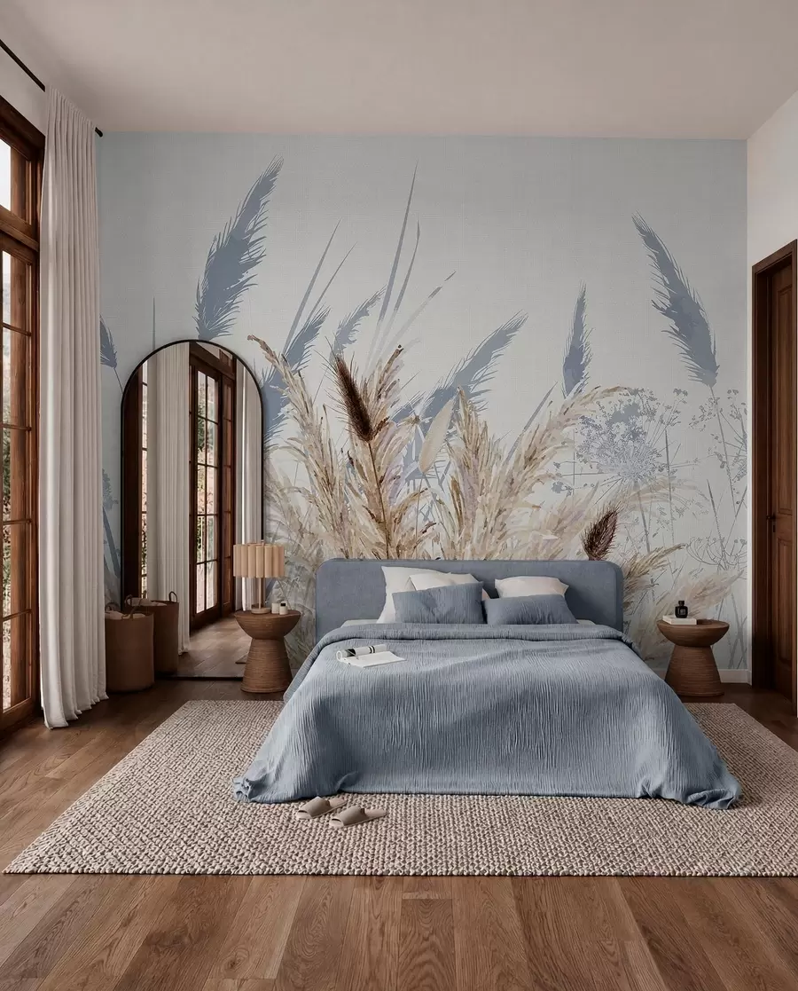 murales de pared Altos tallos de trigo y hierba con mullidos penachos blancos sobre un fondo claro w08282