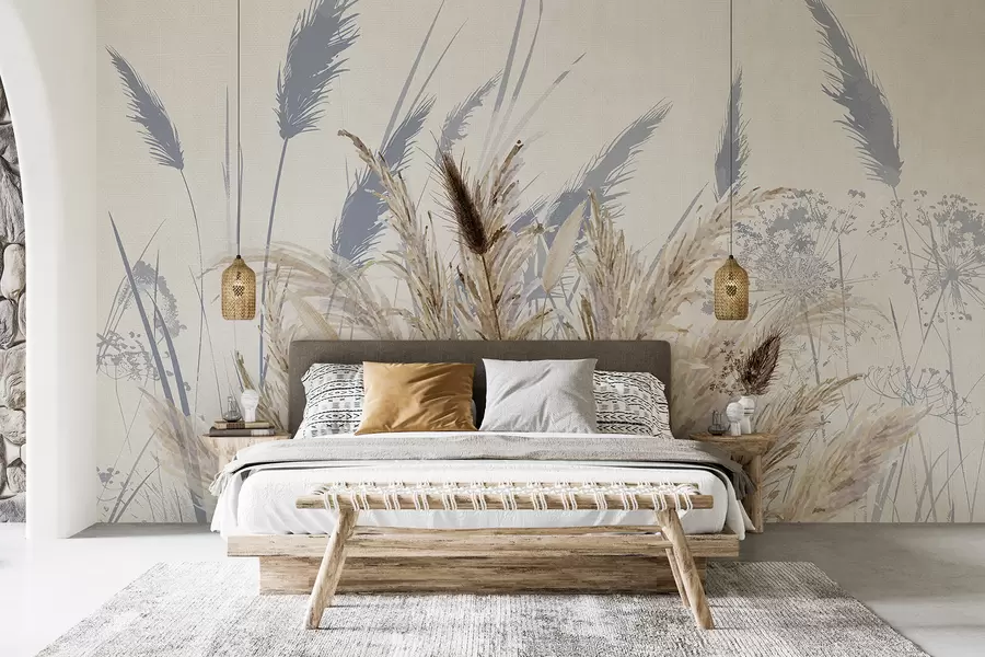 murales de pared Altos tallos de trigo y hierba con mullidos penachos blancos sobre un fondo claro w08282