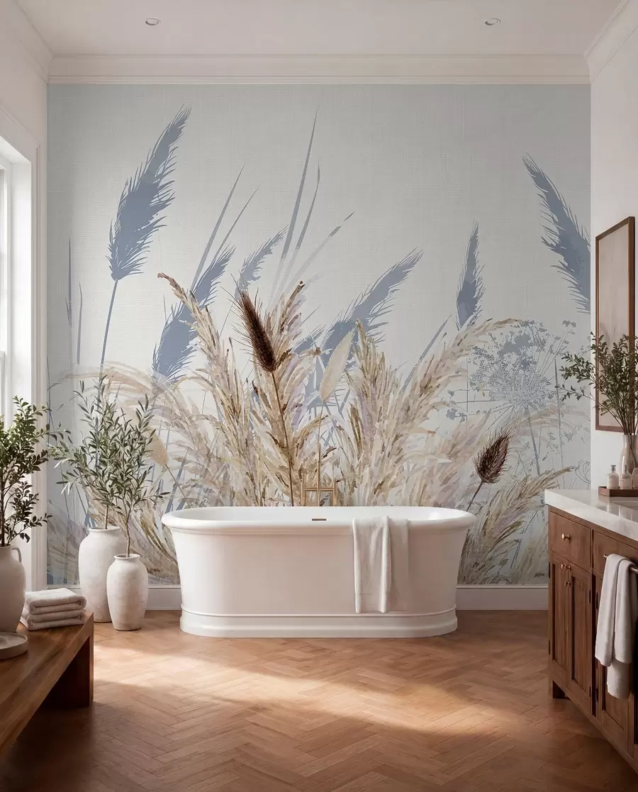 murales de pared Altos tallos de trigo y hierba con mullidos penachos blancos sobre un fondo claro w08282