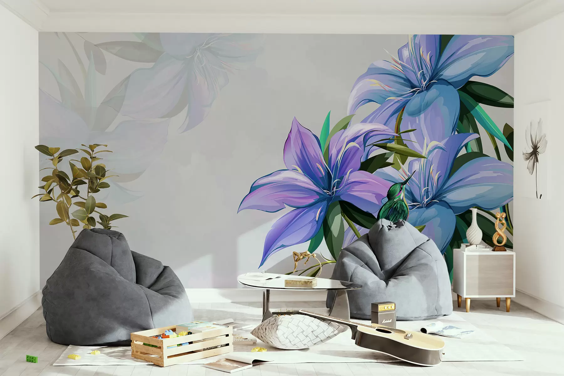 murales de pared flores grandes, flores azules, flores brillantes w01592v1