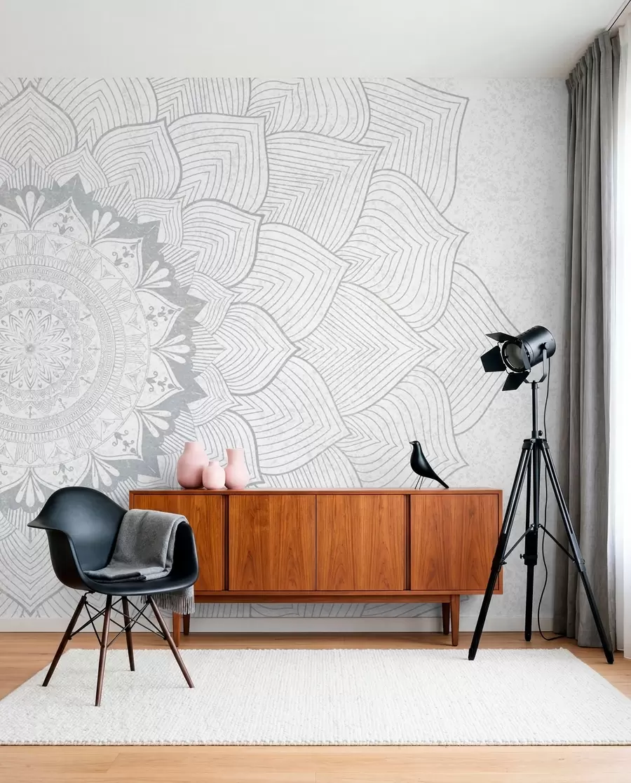 murales de pared Mandala redondo, papel pintado para espacio de yoga o para armonizar el espacio personal. Mandala mural en tonos grises sobre fondo heterogéneo texturado w01088v2
