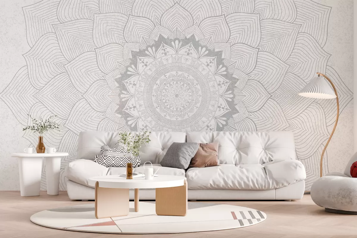 Murales de pared Mandala redondo, papel pintado para espacio de yoga o para armonizar el espacio personal. Mandala mural en tonos grises sobre fondo heterogéneo texturado w01088v2 murales de pared Mandala redondo, papel pintado para espacio de yoga o para armonizar el espacio personal. Mandala mural en tonos grises sobre fondo heterogéneo texturado w01088v2