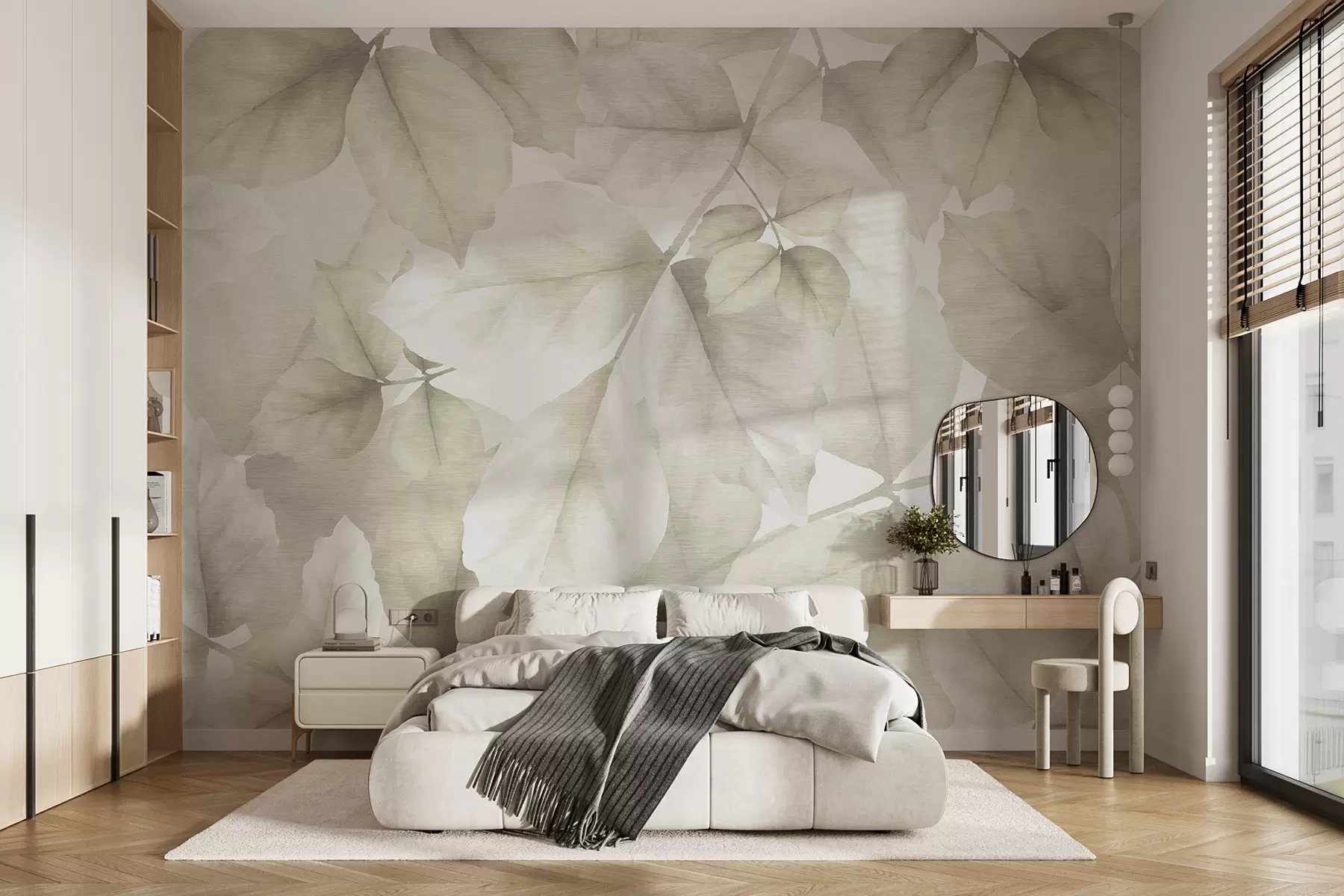 murales de pared Papel pintado texturizado con grandes hojas en tonos pastel beige w01090