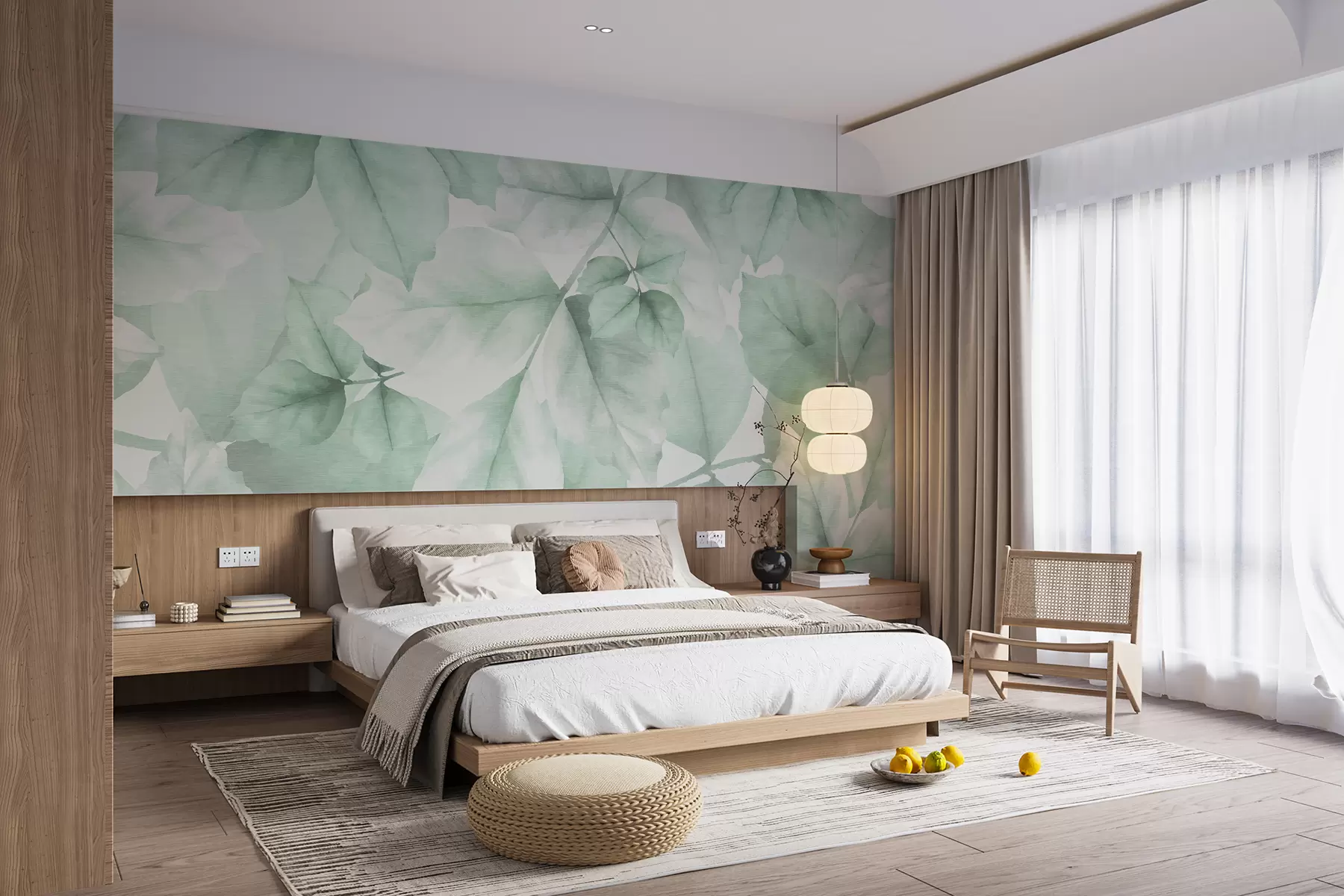 murales de pared Papel pintado texturizado con grandes hojas en tonos verdes pastel w01090v3