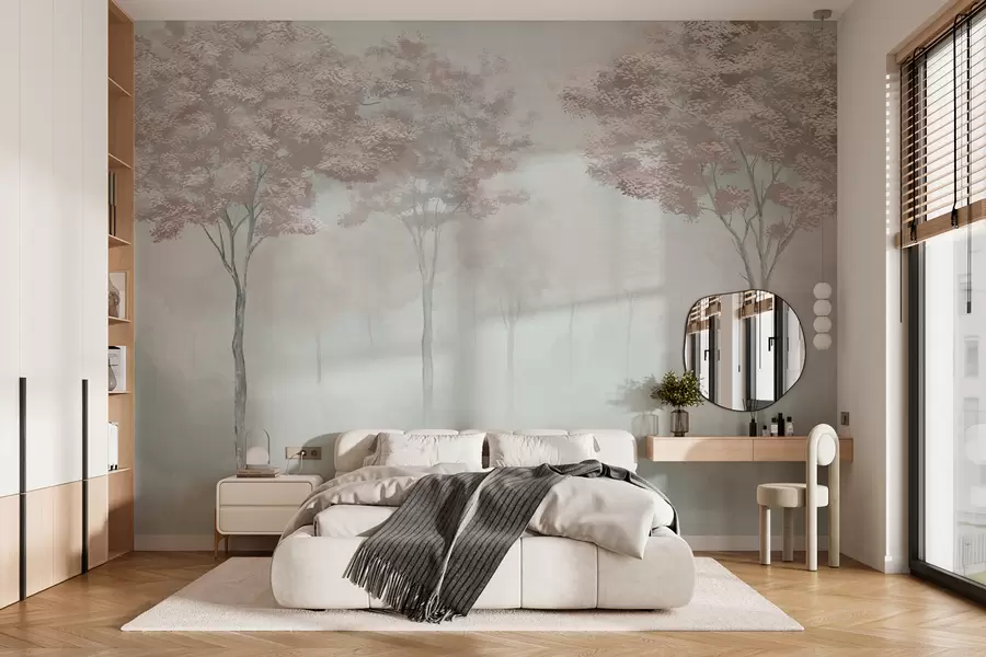 murales de pared Silueta de bosque brumoso en colores rosa y gris w01599v4