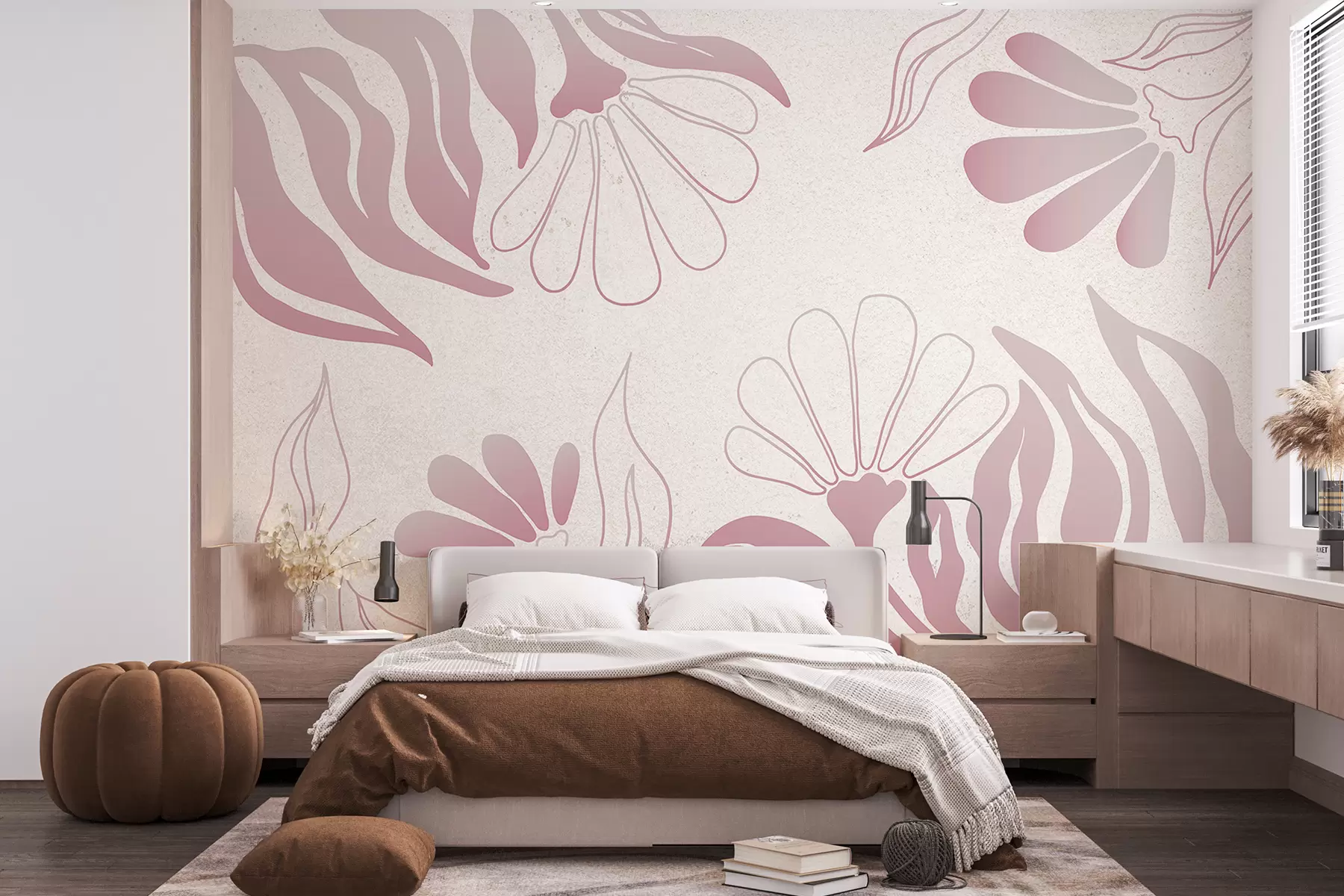 murales de pared Flores geométricas, dibujo lineal, abstracción, colores rosa y beige w01628v2