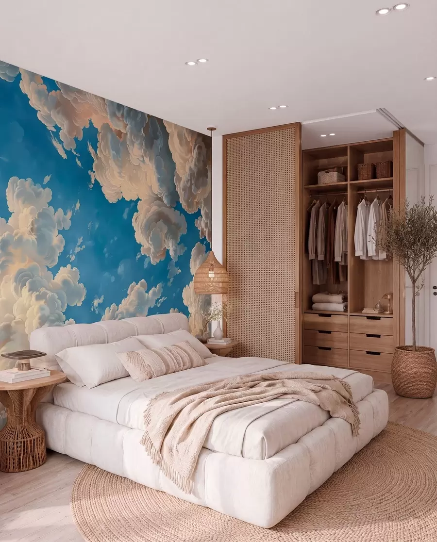 murales de pared Nubes ondulantes en cálidos tonos crema, melocotón suave y pálido, sobre un cielo azul intenso y vibrante w01583