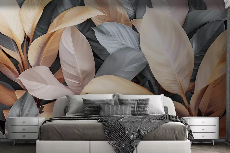 murales de pared Grandes hojas tropicales en colores azul y beige w01587v2