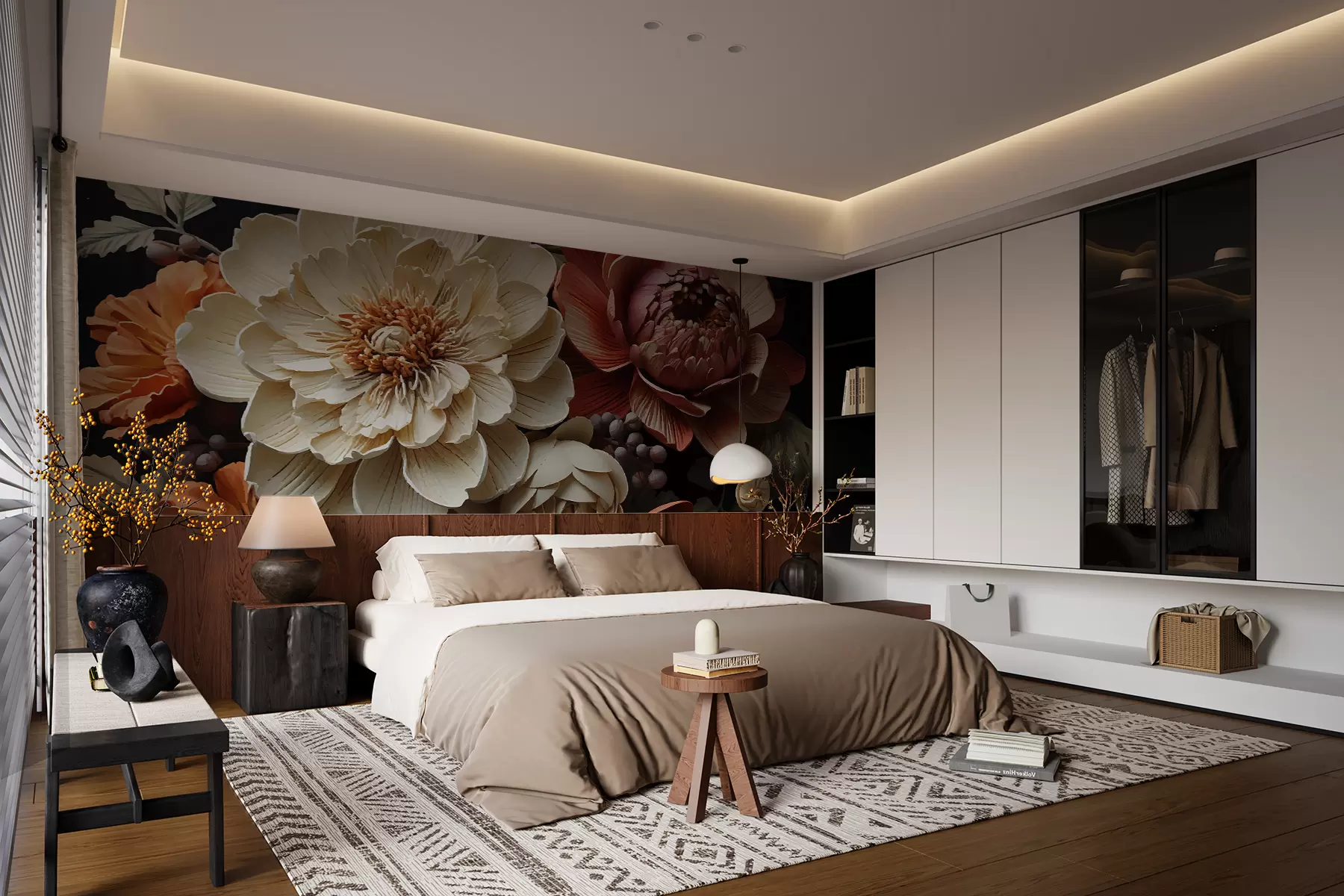 murales de pared Flores grandes,peonias,fondo oscuro,flores brillantes w01662