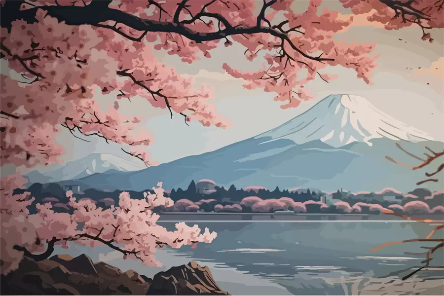 murales de pared Sakura, montañas, acuarela w01664