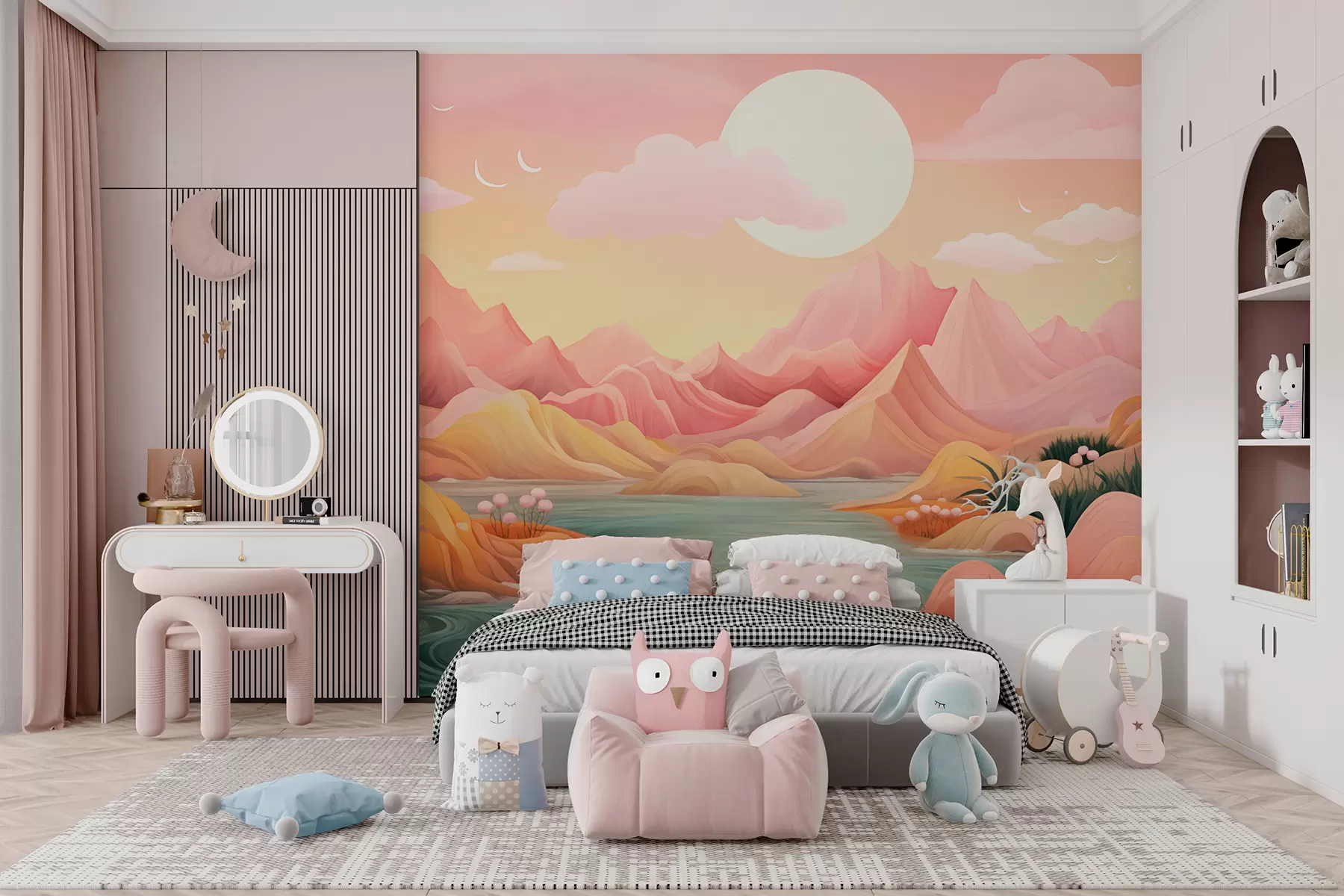 murales de pared Fantástico paisaje de colores pastel con suaves montañas rosas y melocotón w01656