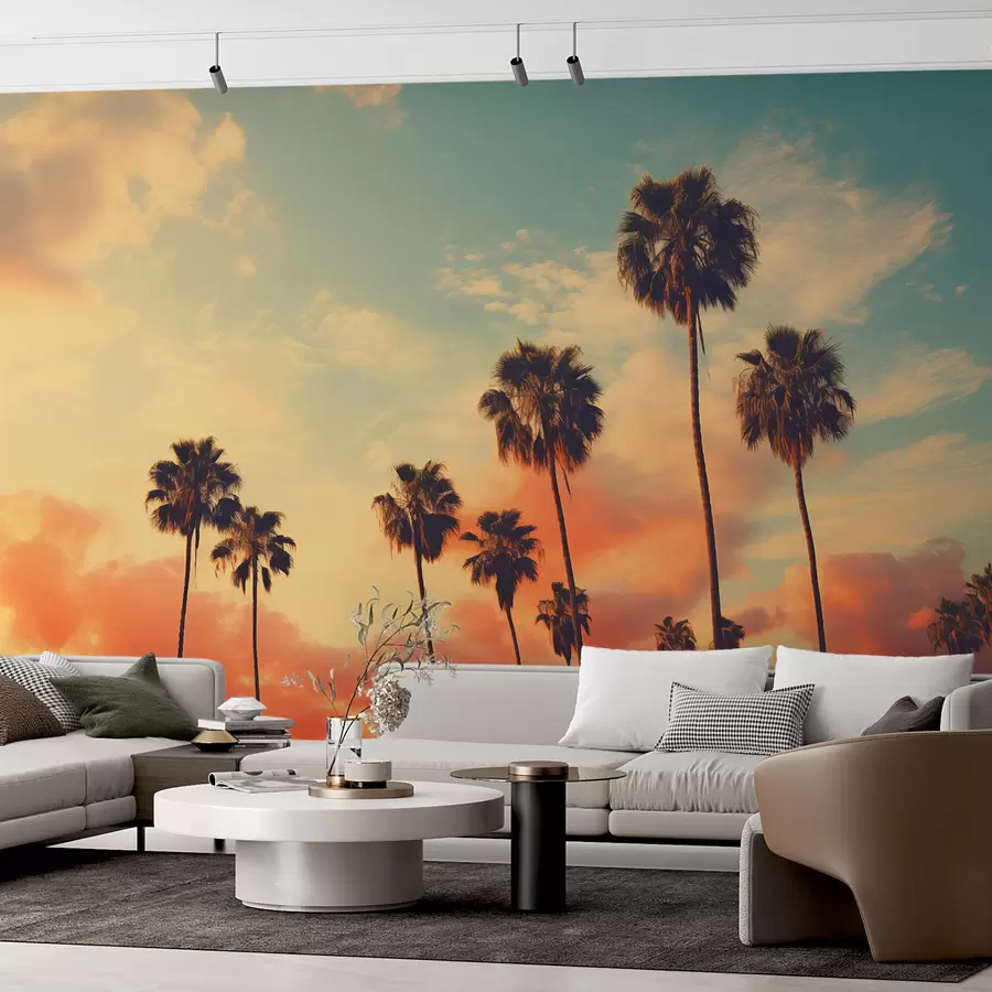 Murales de pared Palmeras contra el cielo del atardecer, color naranja y azul w01652 murales de pared Palmeras contra el cielo del atardecer, color naranja y azul w01652