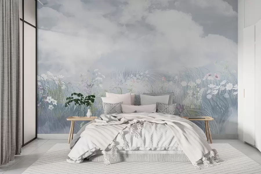 murales de pared Flores silvestres y hierbas con cielo balcánico y nubes w01624