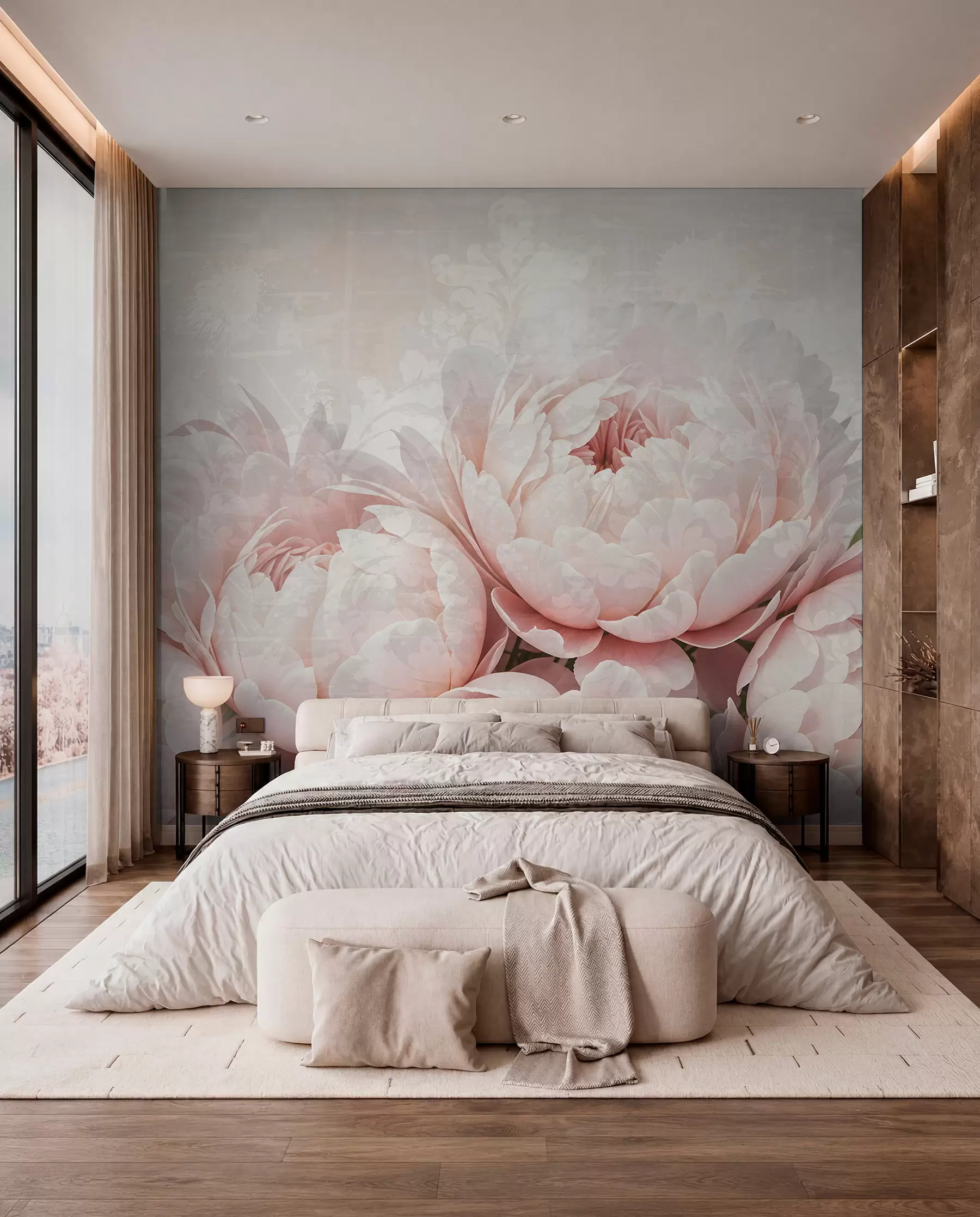 murales de pared Peonías de color rosa suave con delicados pétalos sobre un fondo vintage de textura ligera w08312