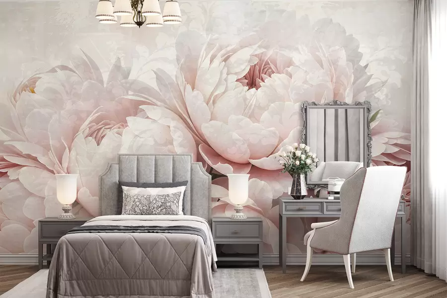 murales de pared Peonías de color rosa suave con delicados pétalos sobre un fondo vintage de textura ligera w08312