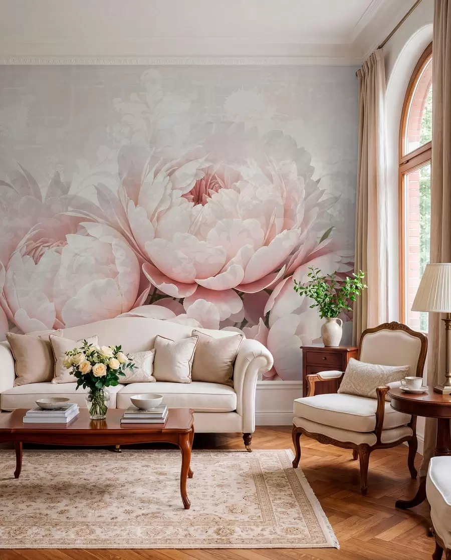 murales de pared Peonías de color rosa suave con delicados pétalos sobre un fondo vintage de textura ligera w08312