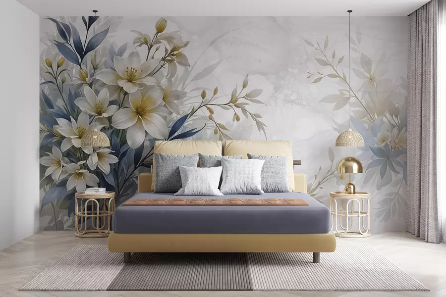 murales de pared Ramo floral blanco, beige y azul con delicadas hojas sobre un fondo suave y difuminado w08314