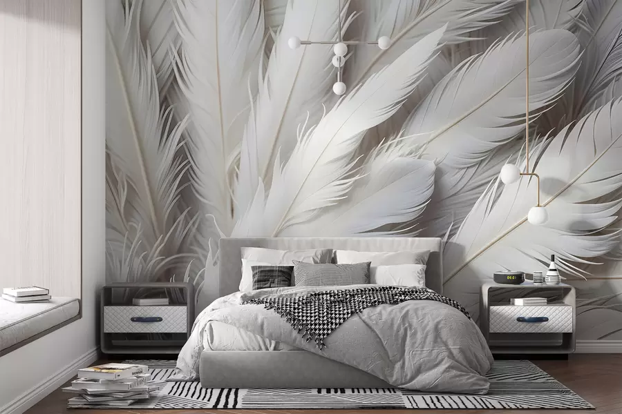 murales de pared Suaves y esponjosas plumas blancas con una delicada textura ondulada sobre un fondo claro w08319
