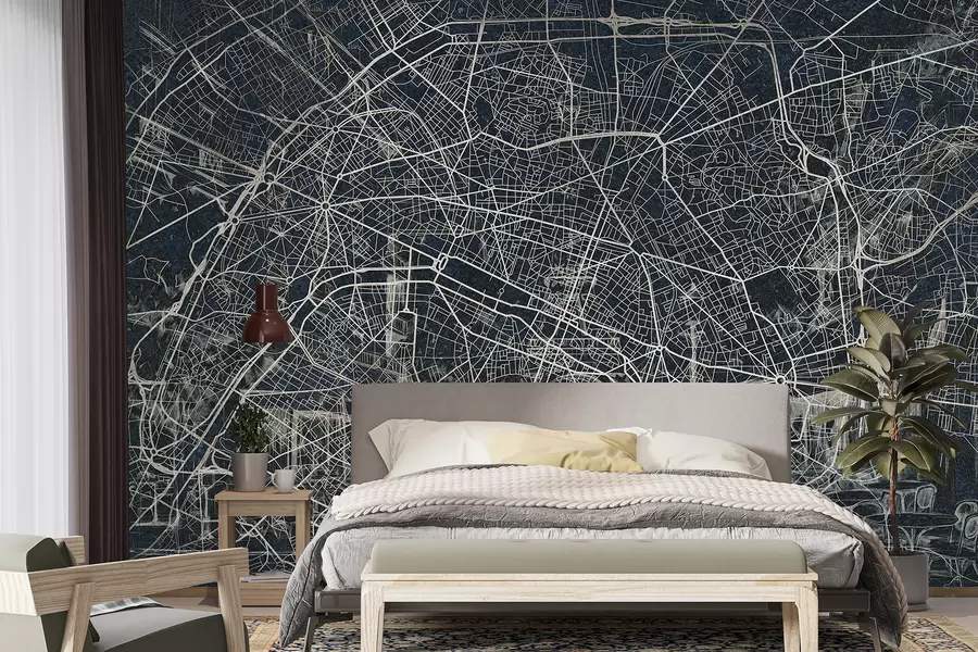 murales de pared Mapa de la ciudad de París, dibujo lineal, arquitectura, Francia, colores oscuros w01697v1