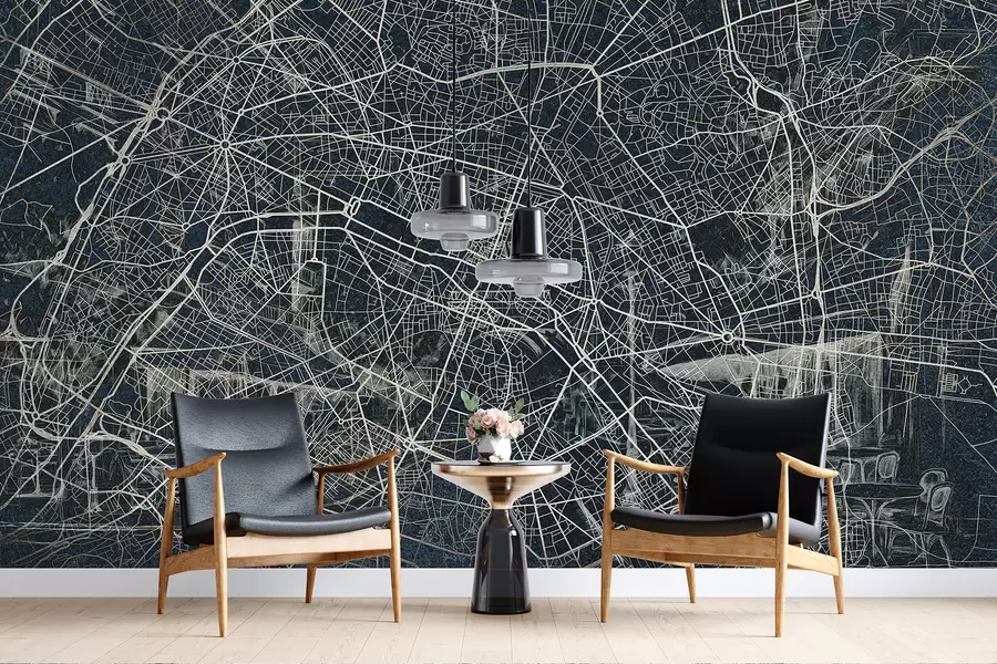 murales de pared Mapa de la ciudad de París, dibujo lineal, arquitectura, Francia, colores oscuros w01697v1