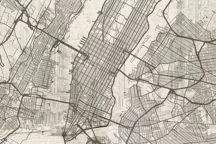 murales de pared Mapa de la ciudad de Nueva York, dibujo lineal, arquitectura, colores beige w01699