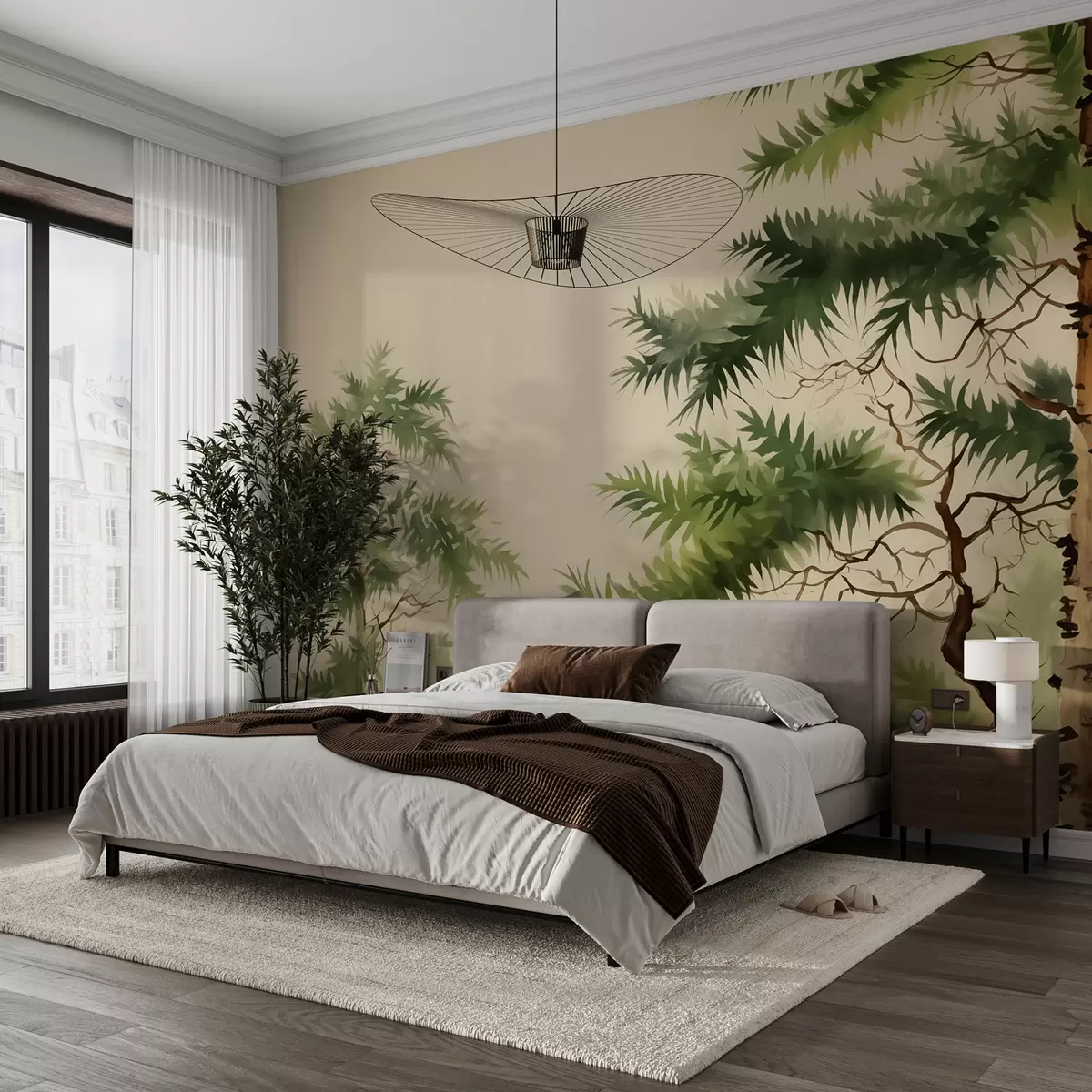 murales de pared Pinos en el bosque acuarela, color verde w01726