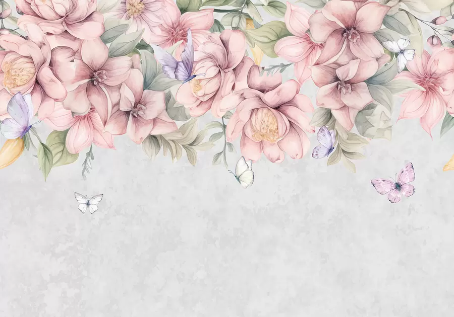 murales de pared Suaves flores rosas y blancas con delicadas flores y hojas sobre fondo gris texturizado w08331