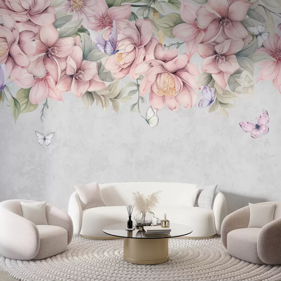 murales de pared Suaves flores rosas y blancas con delicadas flores y hojas sobre fondo gris texturizado w08331