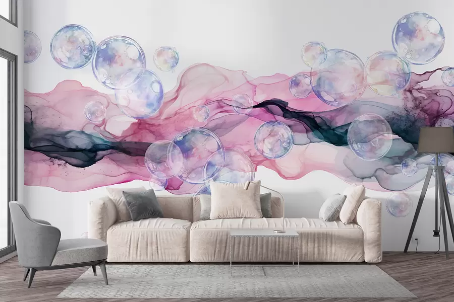 murales de pared Coloridas formas fluidas abstractas con burbujas, remolinos de tonos rosas, azules y morados sobre fondo blanco w08337