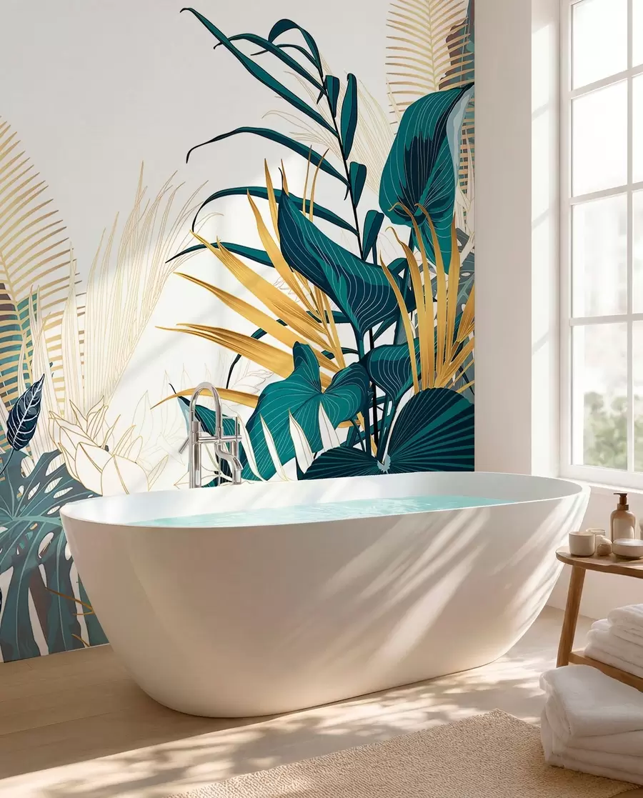 murales de pared Un exuberante follaje verde tropical, que incluye hojas de palmera, helechos y otras plantas exóticas de colores verde oscuro y naranja w08338