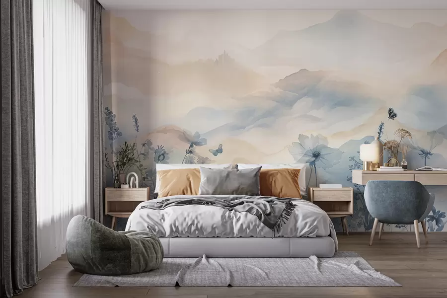 murales de pared Un paisaje sereno con una cordillera brumosa al fondo, rodeada de un campo de delicadas flores azules w08339