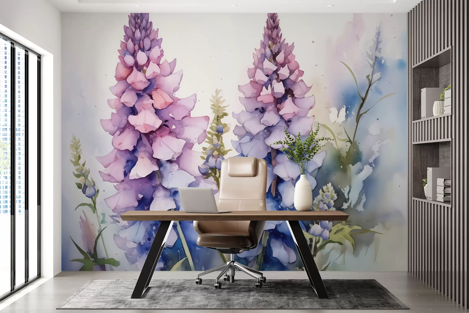 murales de pared Altramuces en flor acuarela húmeda, azul, morado w01766