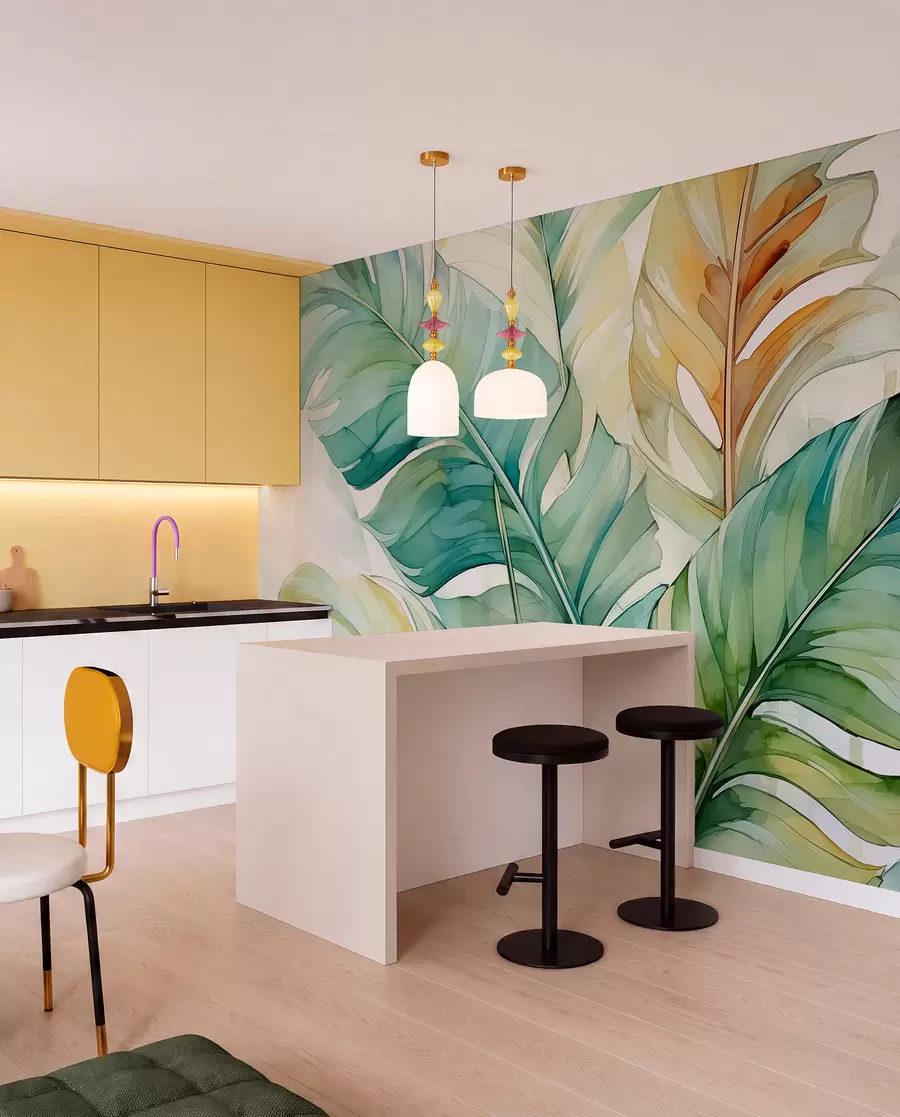 murales de pared Tropical plátano hojas de palma acuarela húmeda w01775