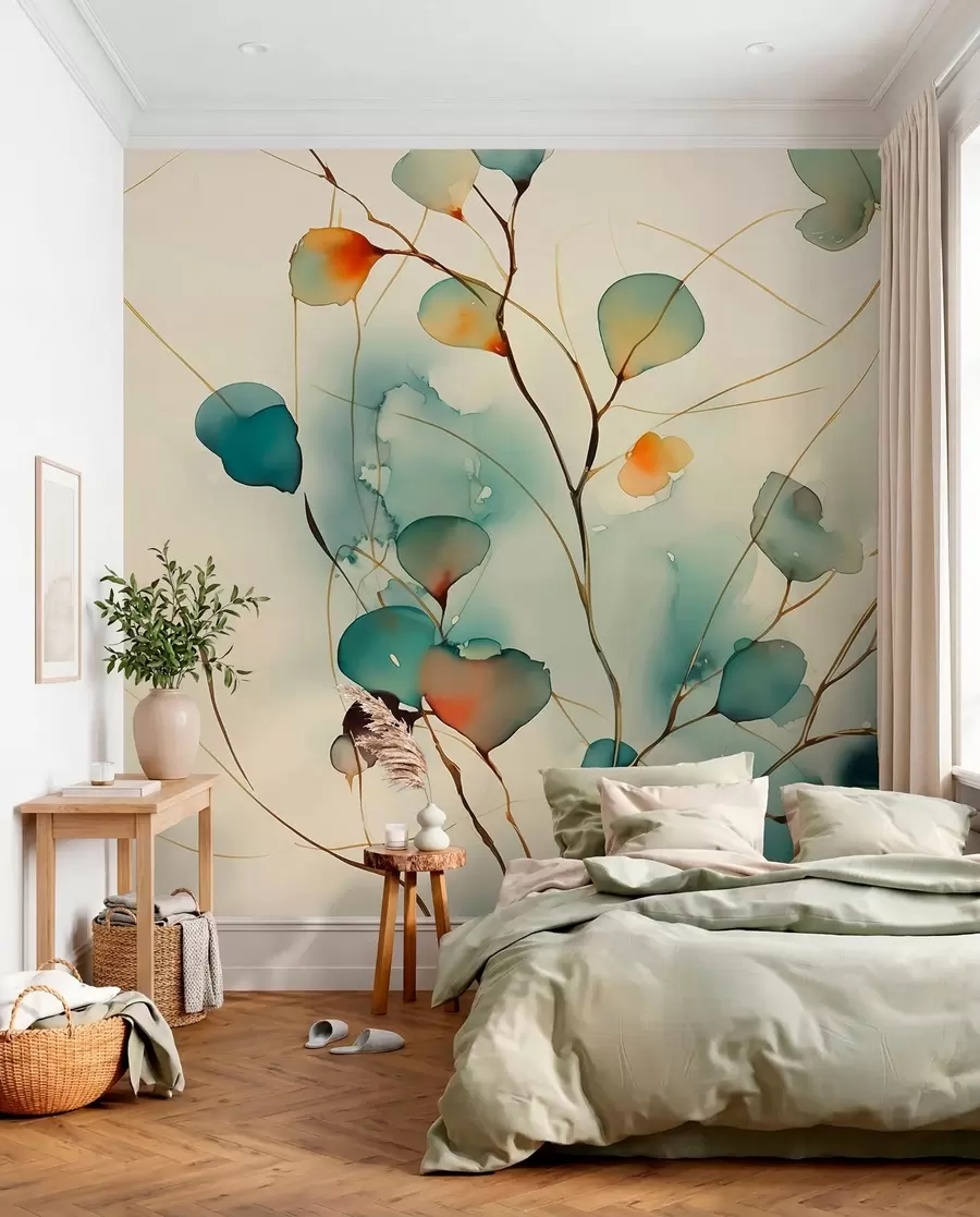 murales de pared Abstracto ramas con hojas borrosas acuarela húmeda w01779