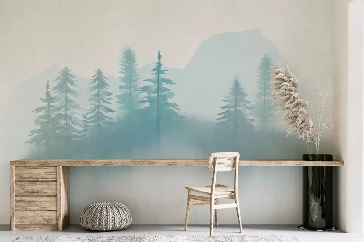 murales de pared Delicado paisaje en tonos azules con abetos en técnica de acuarela sobre fondo blanco w01142