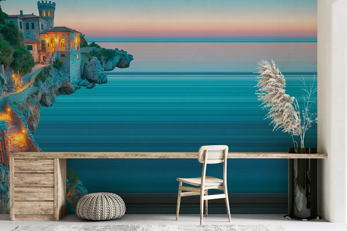 murales de pared Papel pintado de estilo náutico con una fortaleza y una costa rocosa sobre un fondo multicolor a rayas w01144