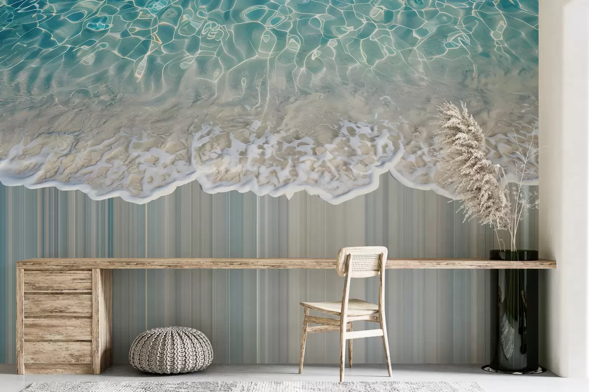 murales de pared Papel pintado en tonos beige y azul con una ola de mar y espuma encima sobre un fondo a rayas w01145