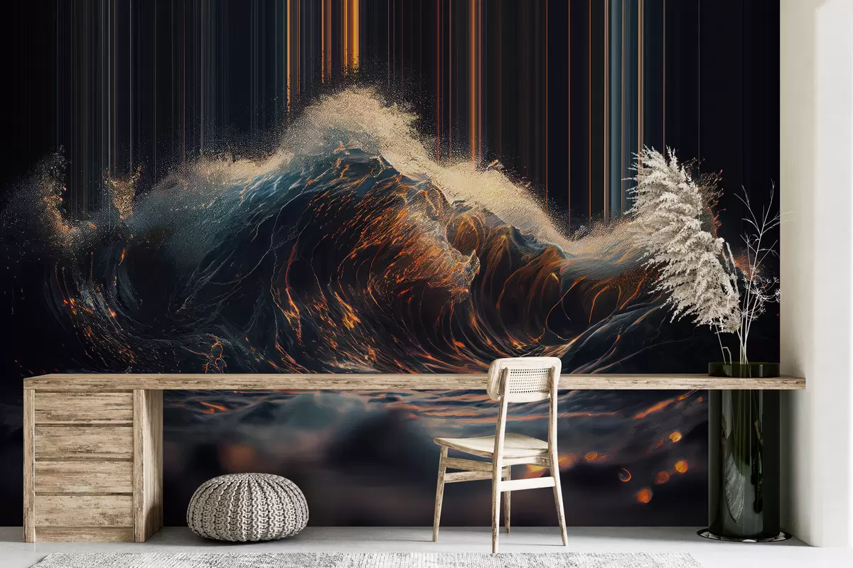 murales de pared Gran ola de mar embravecida en colores oscuros con toques brillantes sobre un fondo a rayas w01146