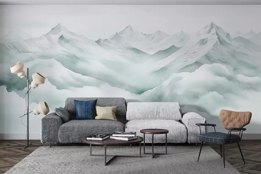 murales de pared Paisaje de montaña, acuarela, colores azules suaves w01787v2