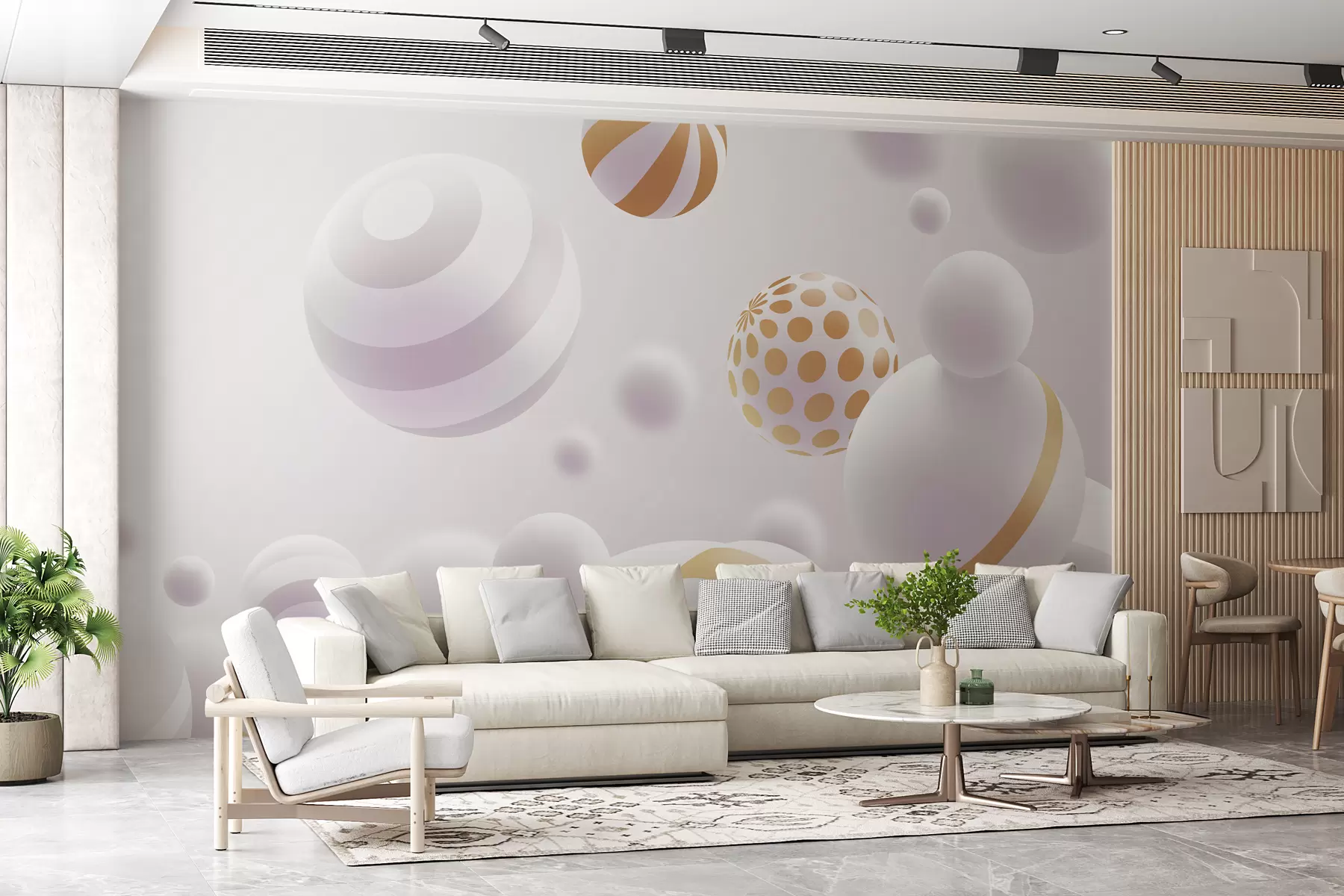 murales de pared Esferas volantes volumétricas de estilo 3D en tonos grises claros con toques naranjas w01148