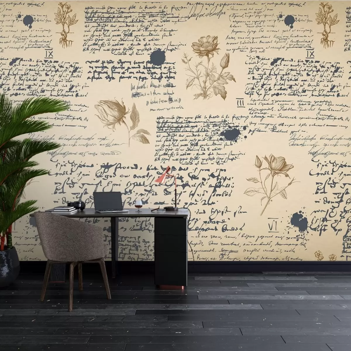 murales de pared Letras, textura de papel viejo, flores w01815