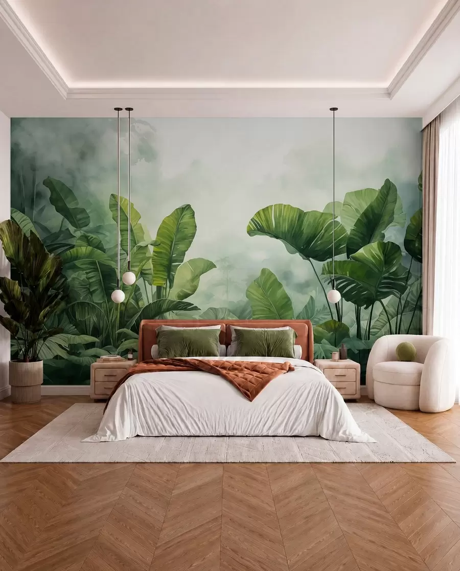 murales de pared Hojas tropicales en la selva sobre el fondo de niebla acuarela húmeda w01868