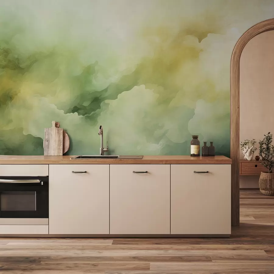 murales de pared Humo verde amarillo, niebla borrosa acuarela húmeda w01869