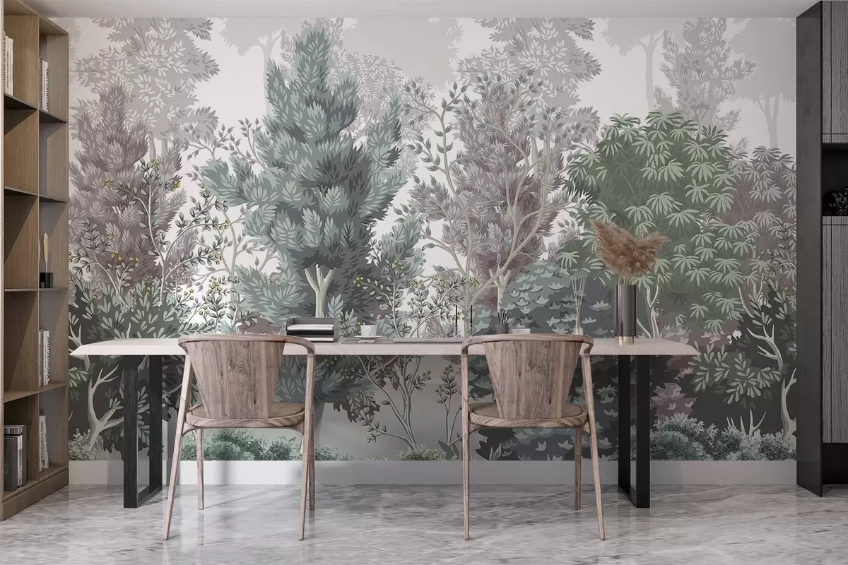 murales de pared Un bosque exuberante y verde con varios tipos de árboles y arbustos de hoja perenne, ricos verdes del otro follaje gris w08341v1