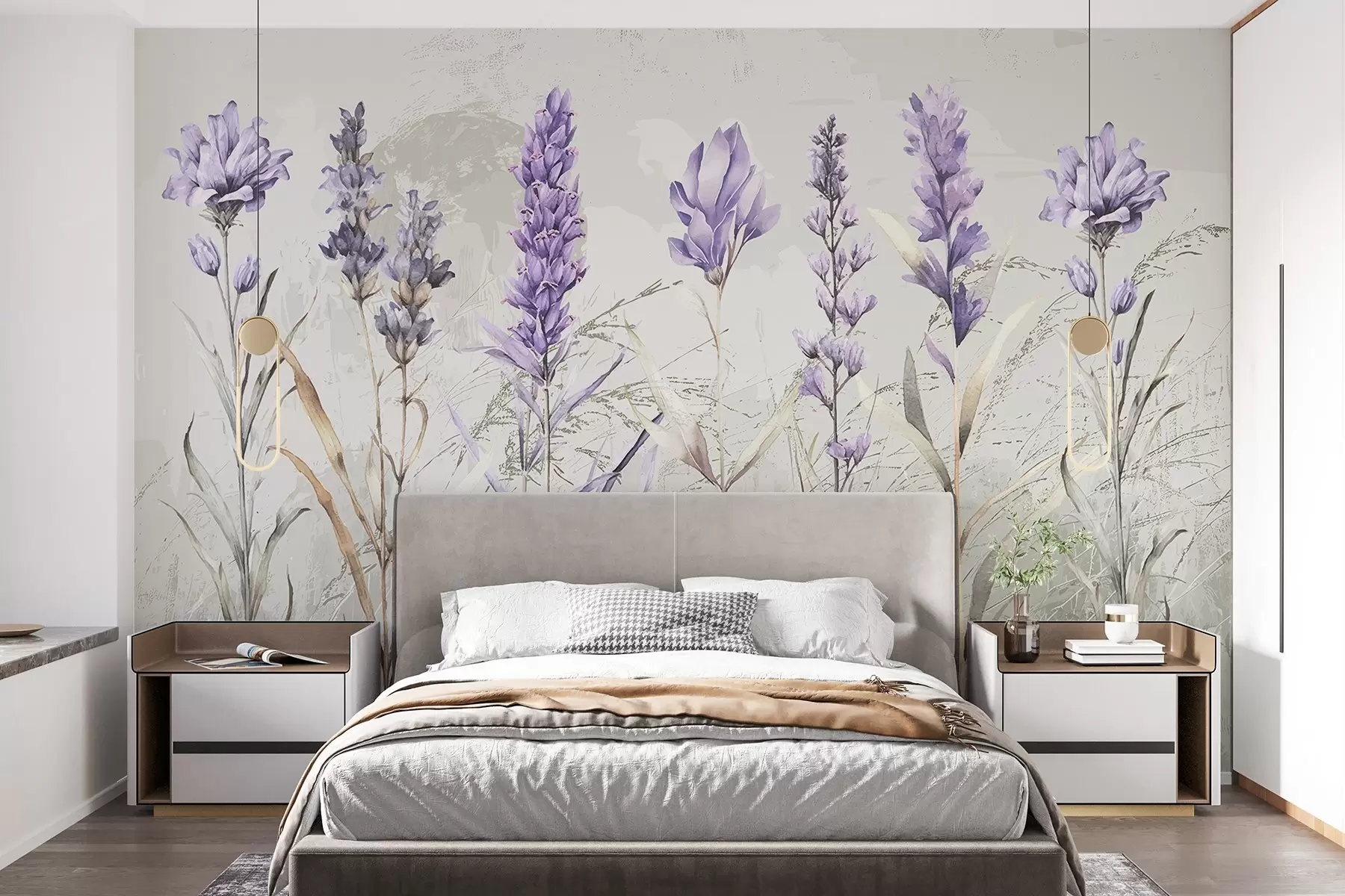 murales de pared Un campo de flores de lavanda de acuarela púrpura con fondo beige de textura suave y borrosa w08346
