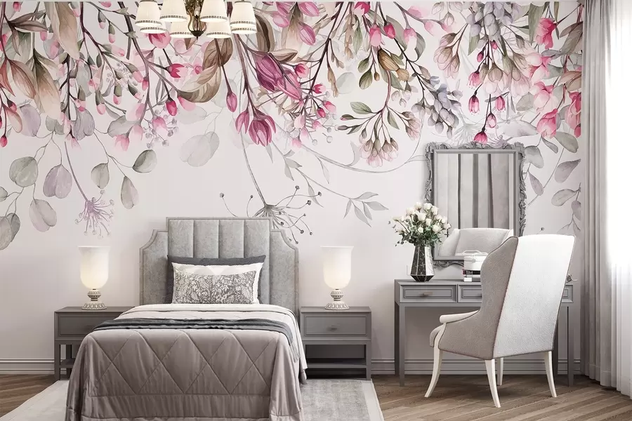 murales de pared Delicadas ramas florales rosas y blancas con hojas y pétalos, sobre fondo gris pastel w08347