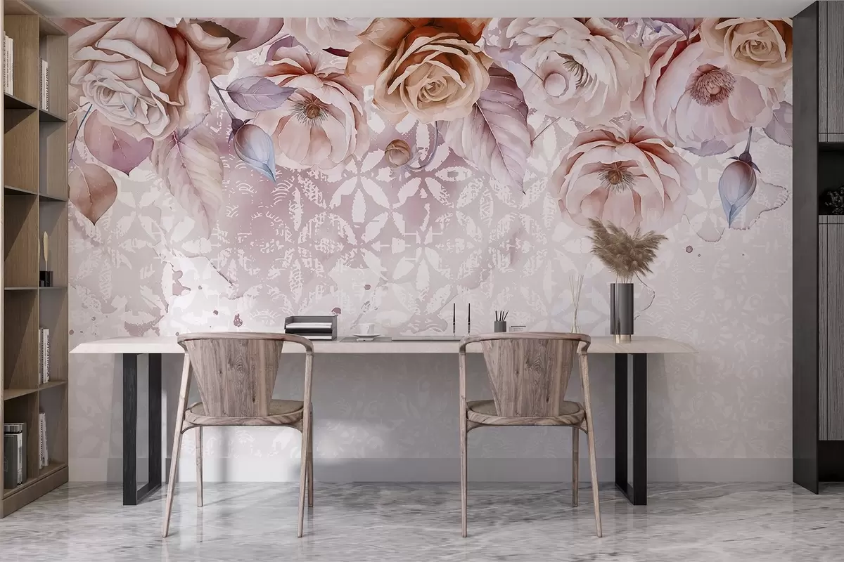 murales de pared Elegante composición floral de rosas en acuarela blanca y melocotón con fondo vintage texturizado con encaje w08350v1