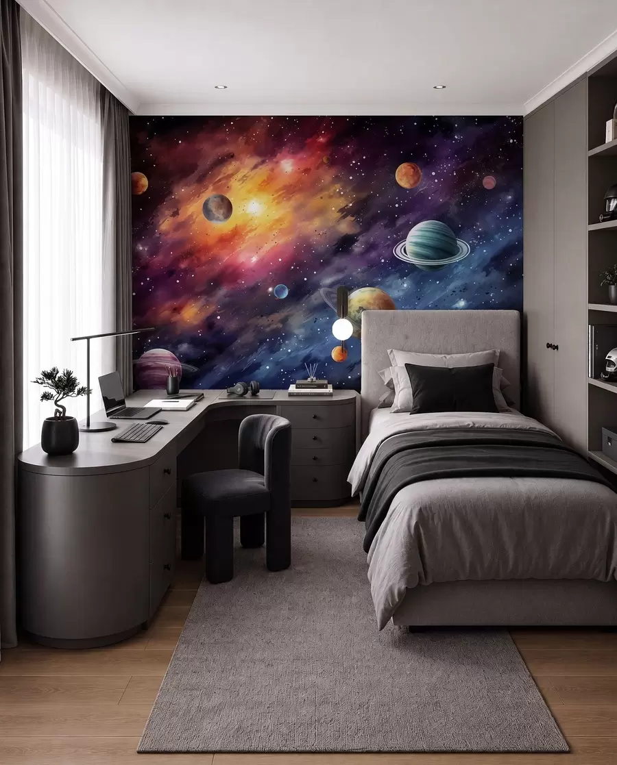 murales de pared Espacio con planetas y estrellas, acuarela, cósmico w01798