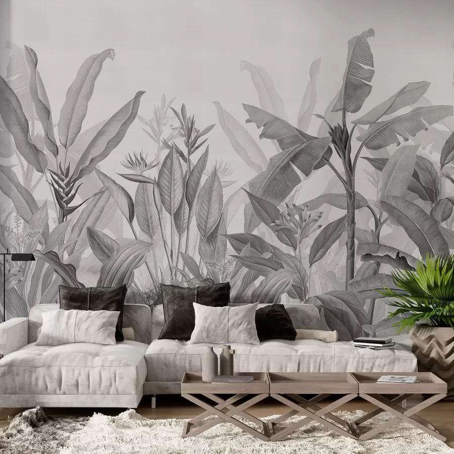 murales de pared Hojas y flores tropicales en blanco y negro sobre fondo claro w01834v3