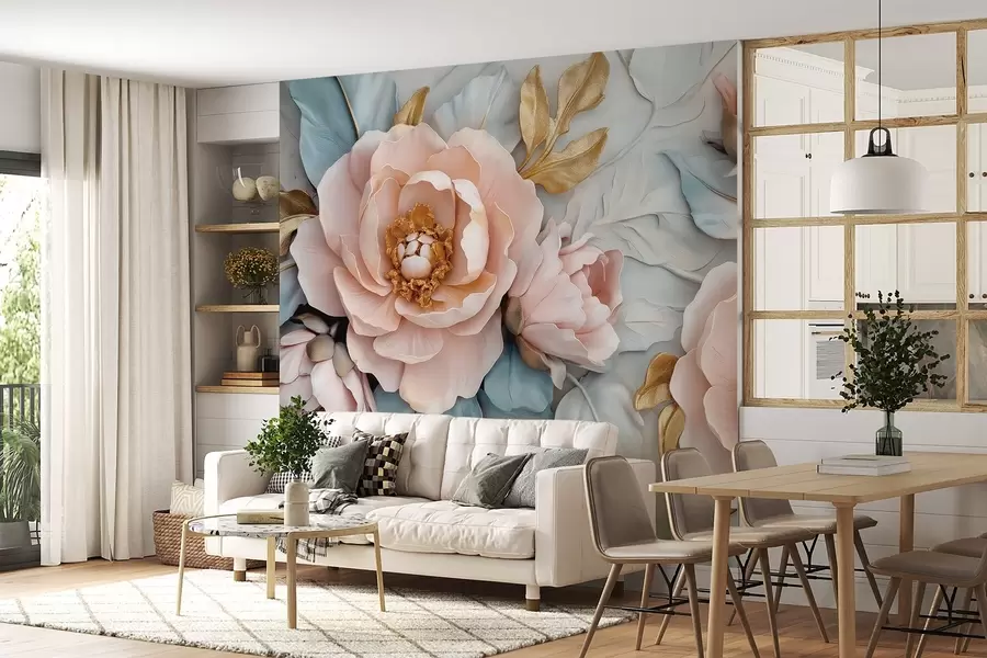 murales de pared Lujosos pétalos y peonías rosas en tonos azul y rosa pastel w01826